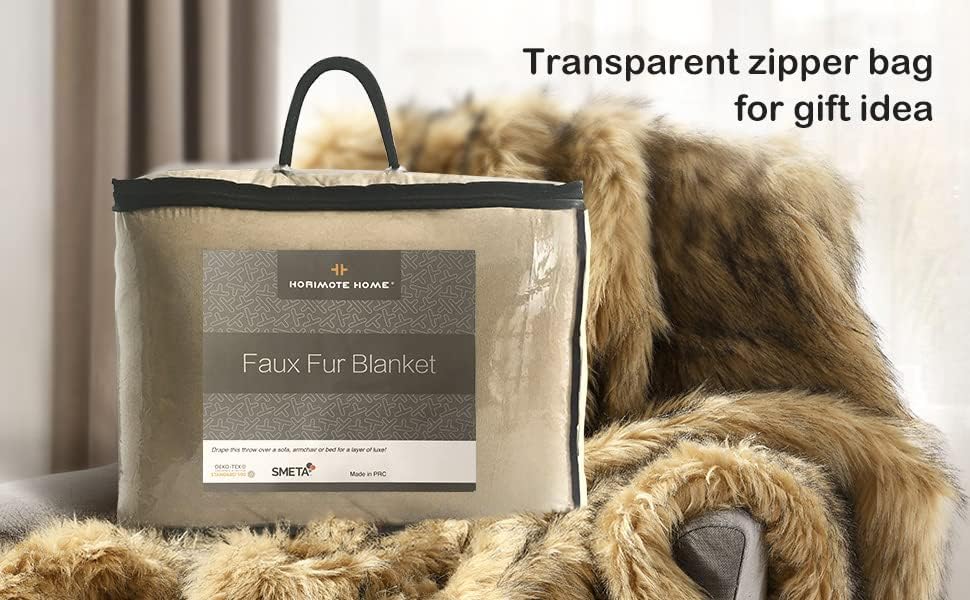 Luxury Plush Faux Fur Throw Blanket, Long Pile Golden Yellow with Black Tipped Blanket, Super Warm, Fuzzy, Elegant, Fluffy Decoration Blanket Scarf for Sofa, Armchair, Couch and Bed, 60''x 80''