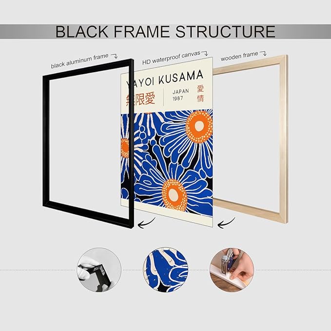Yayoi Kusama Print Vintage Japanese Wall Art Abstract Yayoi Kusama Poster Minimalist Painting Art Exhibition Suitable for Japanese Bedroom,Living Room Office Decor 16x24in Black Framed