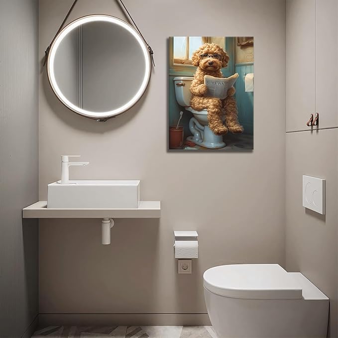 Yaneiro Funny Bathroom Canvas Wall Art-Set of 2 Poodle On Toilet Reading Newspaper Wall Decor Goldendoodle In Shower Humor Animal Poster Picture for Dog Lovers Restroom Ideas Decor 16x24 Inch Framed