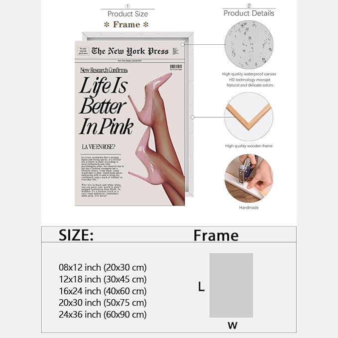 Trendy Baby Pink Poster 70s Canvas Prints The New York Press Wall Art Life Is Better in Pink Hot Girl Posters Preppy Aesthetic Decor Bedroom for Cool Girly Room Home Dorm 16x24inch Framed