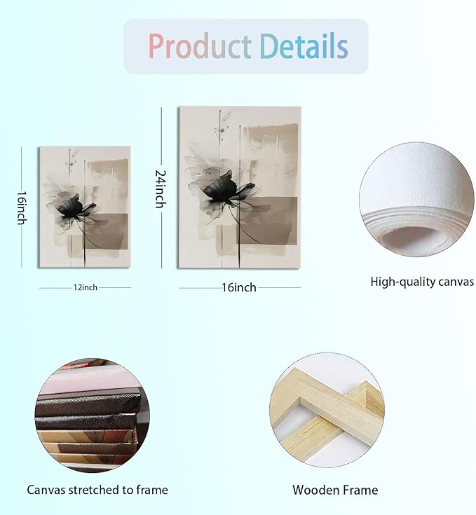 Neutral Abstract Floral Canvas Wall Art Modern Large Minimalist Wall Decor Contemporary Beige Black Flower Posters Prints Picture for Living Room Bedroom Bathroom Office 12x16 In Framed
