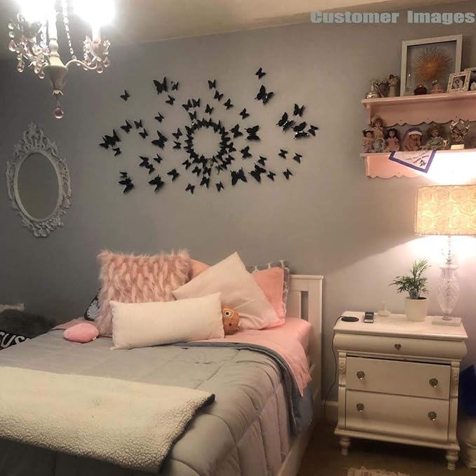24pcs 3D Butterfly Removable Mural Stickers Wall Stickers Decal for Halloween Home and Room Decoration (Black)