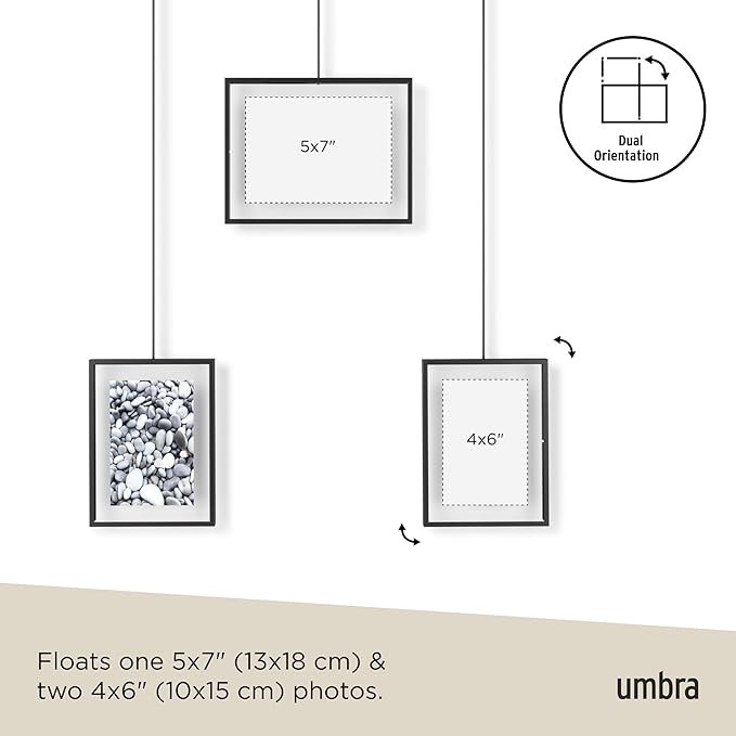 Umbra Exhibit Picture Frame Gallery Set, Adjustable Collage Display for 3 Photos, Prints, Artwork and More, Holds two 4x6 and one 5x7 Photos, Black