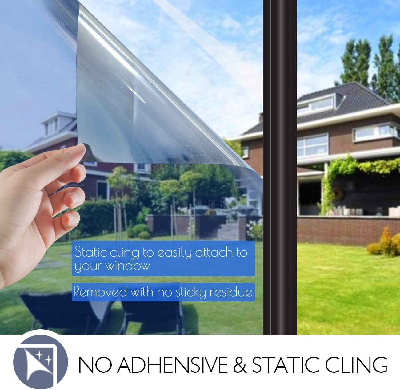 HIDBEA One Way Window Film Daytime Privacy, Heat Control UV Blocking Reflective Mirror Window Tint for Home, Non-Adhesive Self Static Cling Window Stickers (Blue-Silver, 35.4 Inch x 8.2 Feet)