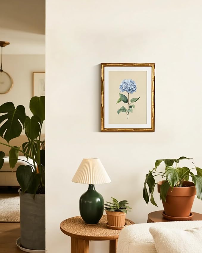 InSimSea Gold Bamboo Framed Canvas Wall Art, Vintage Hydrangea Flower Prints, Antique Moody Picture Frame with Mat, Victorian Home Wall Decor for Kitchen Dining Living Room Bedroom, 11x14inch