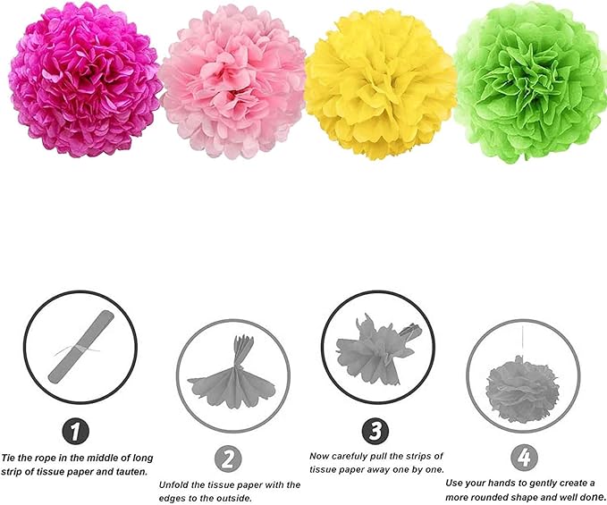 We Moment Hot Pink Yellow Green Pink Paper Flowers Pom Poms Decorations for Tropical Party Decorations Hawaiian Party Ceiling Wall Hanging Tissue Pom Poms 12pcs 4 Colors