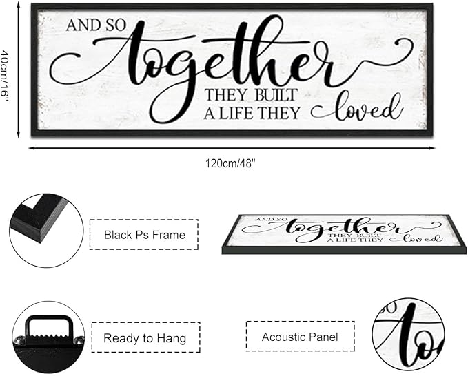 And So Together They Built A Life They Loved Wall Decor: 48''×16'' Framed Rustic Farmhouse Master Bedroom Sign Above Bed, Love Quote Wall Art for Living Room, Guest Room & Family Home Decor