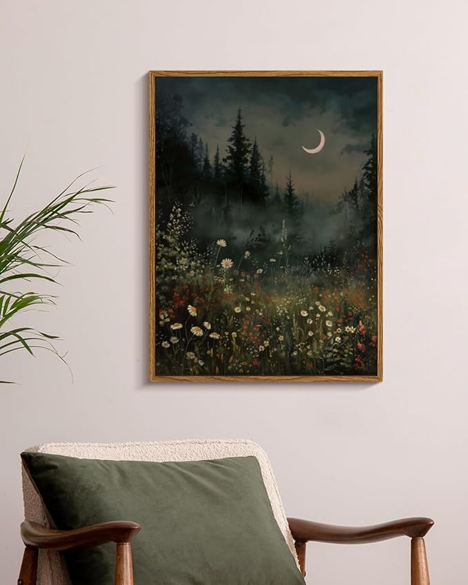 WHASAYART Moonlit Forest Wall Art 12x16 Framed Wildflower Meadow Canvas Print, Rustic Nature Night Landscape Artwork Moody Dark Crescent Moon Botanical Flowers Trees Art, Aesthetic Bedroom Home Decor