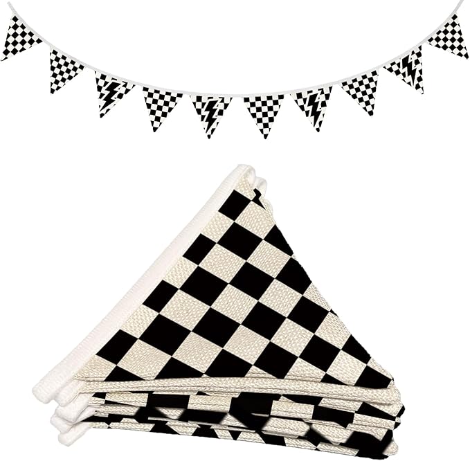 Lacama Cars Room Wall Art Decor Checkered Flag Banner for Toddler Nursery Playroom, Toddler Boy Room Decor，Black and White Checkered Garland Triangle Banners,Bunting Flags for Shower Birthday Party xsj