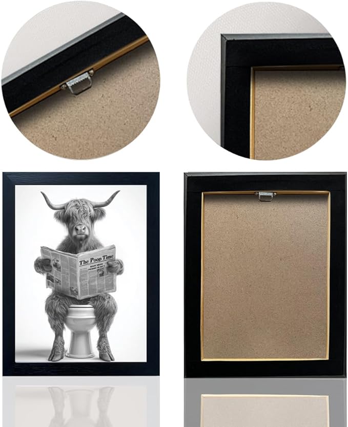 Funny Highland Cow Bathroom Wall Art - Framed Black and White Bathroom Wall Decor, Humorous Cow Picture Wall Decor with Cute Animal Canvas, Modern Farmhouse Style Restroom Sign Art for Toilet & Washroom 11"x14"