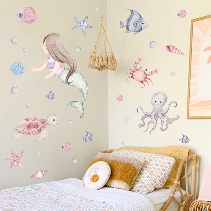 Mermaid Wall Decals，Under The Sea Animals Wall Stickers，Baby Girls Mermaid Wall Decals Stickers，Ocean Fish Turtle Wall Stickers Bathroom Girls Bedroom Baby Nursery Wall Decoration.