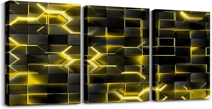 Feelyou Yellow and Black Picture Wall Decor 12"x16" 3 Piece Honeycomb Canvas Wall Art Decor Hexagon Theme Office Decorations Artwork Posters Geometrical Beehive Painting