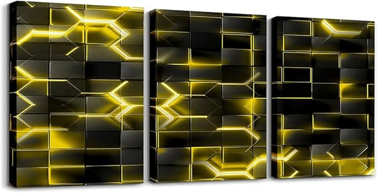 Feelyou Yellow and Black Picture Wall Decor 12"x16" 3 Piece Honeycomb Canvas Wall Art Decor Hexagon Theme Office Decorations Artwork Posters Geometrical Beehive Painting
