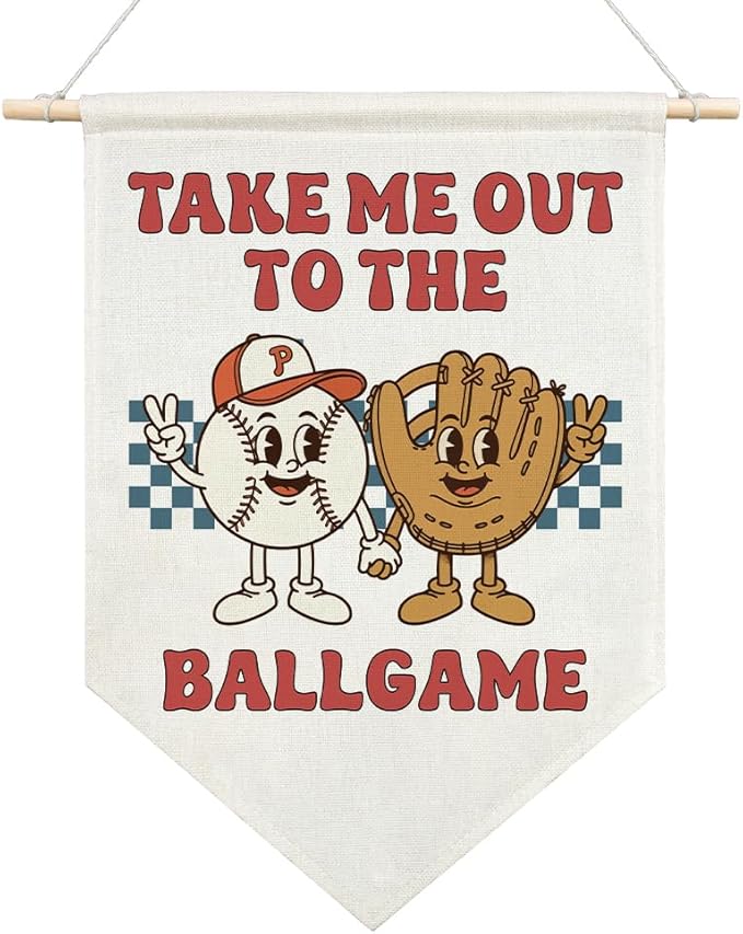 AGMDESIGN Take Me Out To The BallGame Pennant Flag Banner, Vintage Baseball Bedroom Decor, Funny Sports Nursery Decor for Toddler Kids Bedroom Classroom, Ballgame Lovers Gifts for Boys Son Grandson
