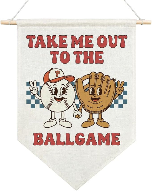 AGMDESIGN Take Me Out To The BallGame Pennant Flag Banner, Vintage Baseball Bedroom Decor, Funny Sports Nursery Decor for Toddler Kids Bedroom Classroom, Ballgame Lovers Gifts for Boys Son Grandson