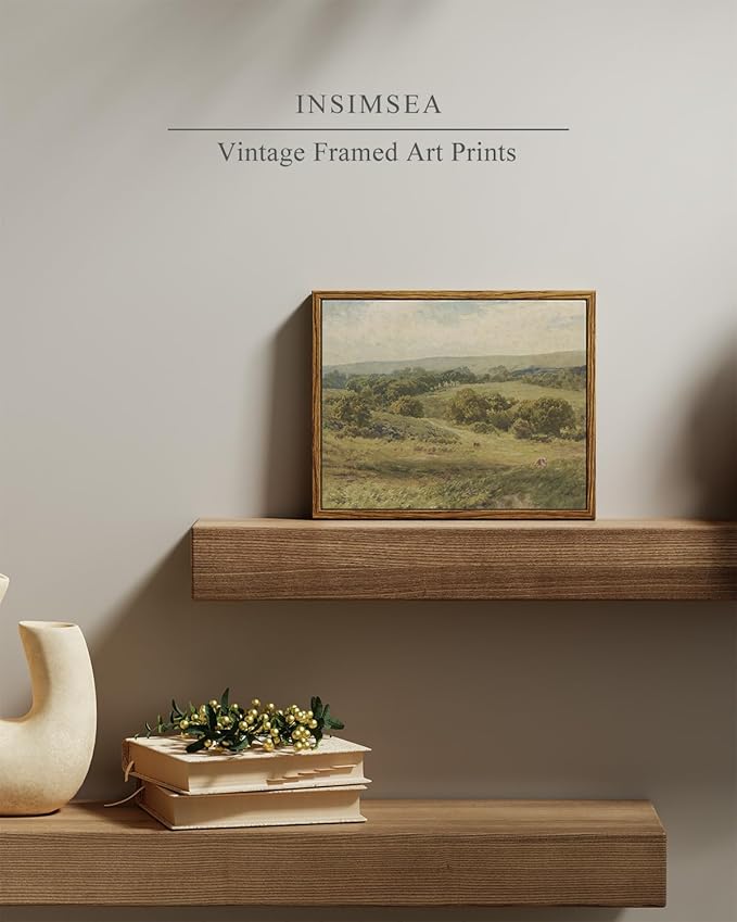 InSimSea Framed Canvas Wall Art, Vintage Landscape Art for Living Room Hallway Shelf, 10x8in,Hills Pasture Watercolor Painting, Rustic Farmhouse Cozy Cottage Mid Century Small Nature Decor
