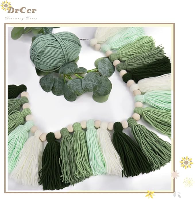 DrCor 15ft Sage Green Gradient Tassel Garland – Handmade Yarn Bunting Banner for Nursery, Kids Room, Baby Shower, Birthday Party Backdrop, Dorm Wall Hanging or Cozy Home Decor