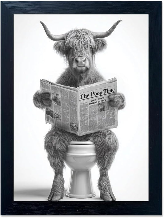 Funny Highland Cow Bathroom Wall Art - Framed Black and White Bathroom Wall Decor, Humorous Cow Picture Wall Decor with Cute Animal Canvas, Modern Farmhouse Style Restroom Sign Art for Toilet & Washroom 8"x10"