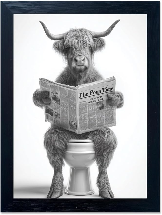 Funny Highland Cow Bathroom Wall Art - Framed Black and White Bathroom Wall Decor, Humorous Cow Picture Wall Decor with Cute Animal Canvas, Modern Farmhouse Style Restroom Sign Art for Toilet & Washroom 11"x14"