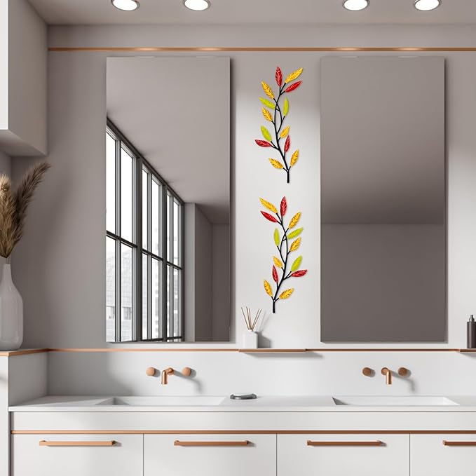 AHYS Metal Tree Leaf Wall Decor 2 PCS Rustic Vine Branch Leaf Wall Art for Living Room Bedroom Bathroom Decorations - Multi-color