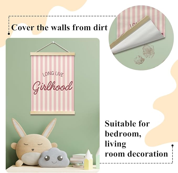 Long Live Girlhood Posters Hanger Frame for Girls Room Pink Hanging Poster for Bedroom Kids Room Classroom Decor Stripes Wall Art Decor for Nursery Playroom Canvas Wall Art Print 16x12 Inches - YY050
