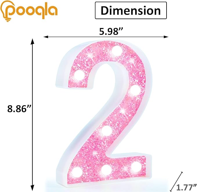 Pooqla Marquee Number Lights, Pink Light Up Numbers for Girls 2nd 12th Birthday, Battery Powered Glitter Number Night Light Gift for Christmas Bedroom Dorm Party Decoration, Cool White Number 2