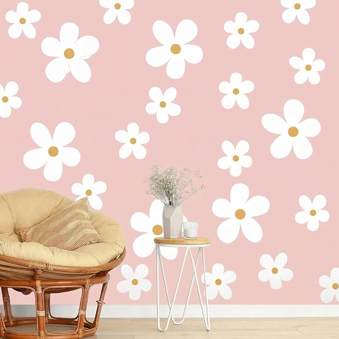 TaoBary 12 Sheet Daisy Wall Sticker Decal Removable Cute Daisy Bedroom Room Decor Flower Wall Sticker Pink White Flower Decal Wallpaper Peel and Stick for Nursery Home(White, Yellow,Stylish Style)