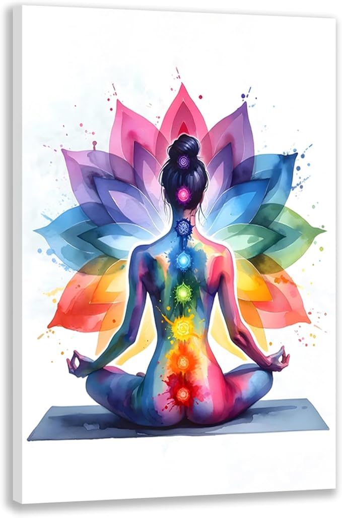GELDSTEI Framed Zen Wall Art, Chakra Yoga Wall Decor, Colorful Meditation Poster Print, Spiritual Canvas Painting, Vibrant Meditating Woman Aesthetic Picture for Living Room Yoga Studio 16x24 Inch