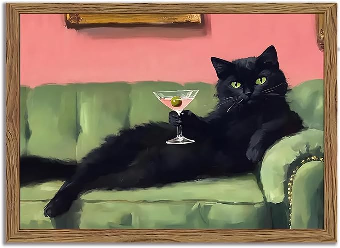 Funny Black Cat Martini Wall Art Eclectic Whimsical Cat Wall Decor Cocktail Bar Cart Painting Canvas Print Cute Animal Pictures for Bedroom Living Room Kitchen 8x10 inch Wood Framed