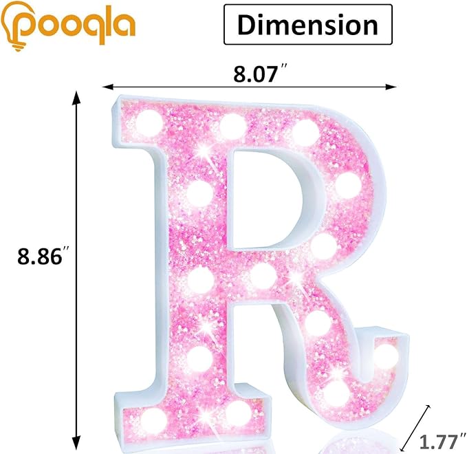 Pooqla LED Marquee Letter Lights, Light Up Pink Letters Glitter Letter Sign for Girls Gifts, Battery Powered for Night Light Birthday Party Wedding Home Bar Christmas Decoration, Cool White Pink R