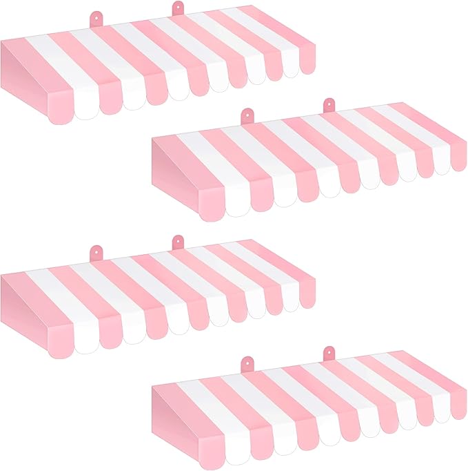 Boao 4 Pack Pink Circus Awning Decoration 3D Pink and White Stripe Cardboard Awning Bulletin Board Wall Decor Sweet Ice Cream Party Favors for Lemonade Stand Truck Bulletin Board