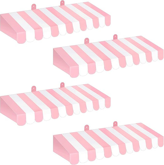 Boao 4 Pack Pink Circus Awning Decoration 3D Pink and White Stripe Cardboard Awning Bulletin Board Wall Decor Sweet Ice Cream Party Favors for Lemonade Stand Truck Bulletin Board