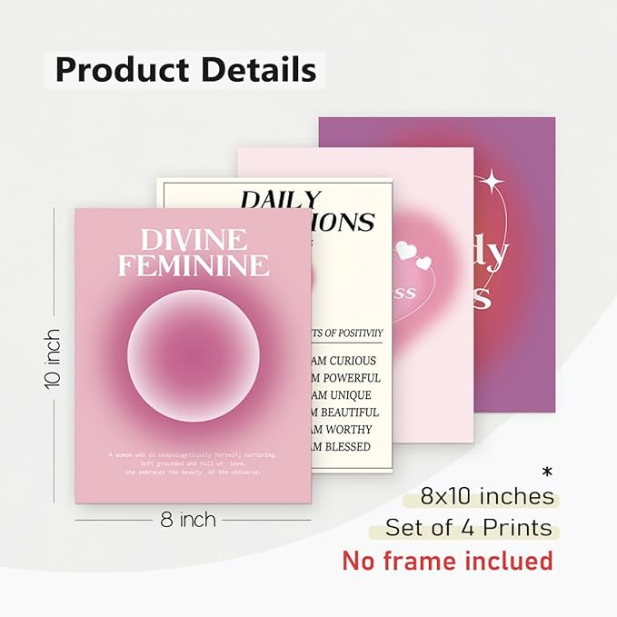 PLKMN Daily Affirmations Poster Set of 4, Y2K Pink Aura Energy Prints, Motivational Wall Decor for Girls Bedroom, Dorm Art, 8x10 Inch, Unframed
