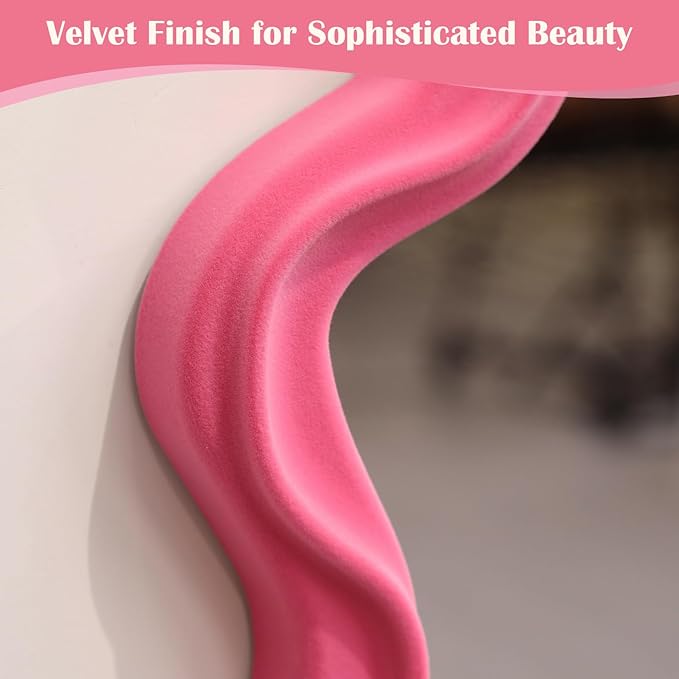 Wavy Mirror Wall Decor for Living Room, Asymmetrical Wall Mounted Mirror for Girly Bedroom Decoration, Velvet Touch Decorative Tray Home Accent for Dining Room Kitchen (Pink)