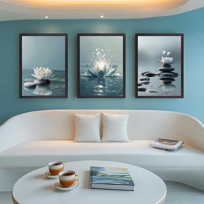 GELDSTEI Calm Zen Botanical Canvas Wall Art, White Lotus Blooming on Stones in Water Aesthetic Pictures, Yoga Spa Meditation Room Decor, Modern Spiritual Poster Prints for Zen Wood Framed Set of 3, Each 12x16 Inch