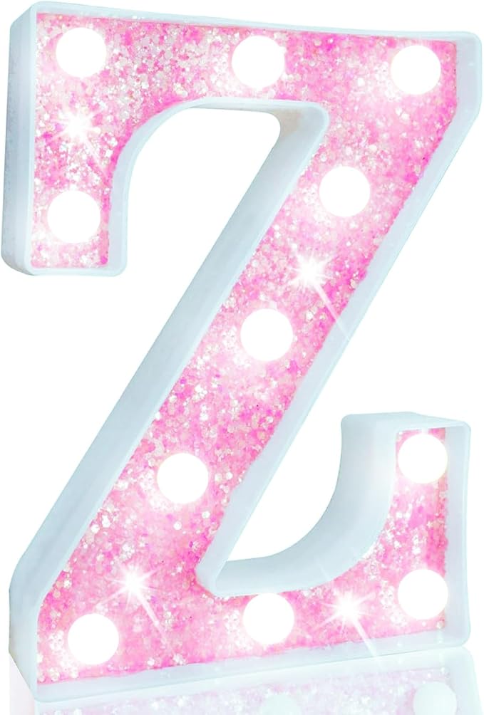 Pooqla LED Marquee Letter Lights, Light Up Letters Glitter Letter Sign Girls Gift, Battery Powered Night Light Pink Birthday Party Room Wedding Christmas Girls Bedroom Dorm Decoration, Cool White Z