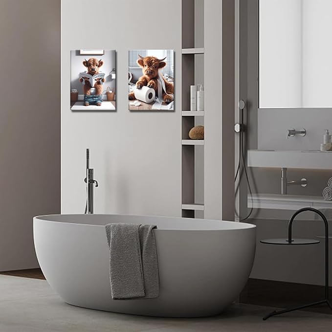 Funny Bathroom Highland Cow Wall Art Set of 3, Brown Cute Cow Animal Canvas Posters Prints Wall Decor, Vintage Rustic Farmhouse Home Painting Pictures for Kids Room Restroom Framed 12x16 Inch