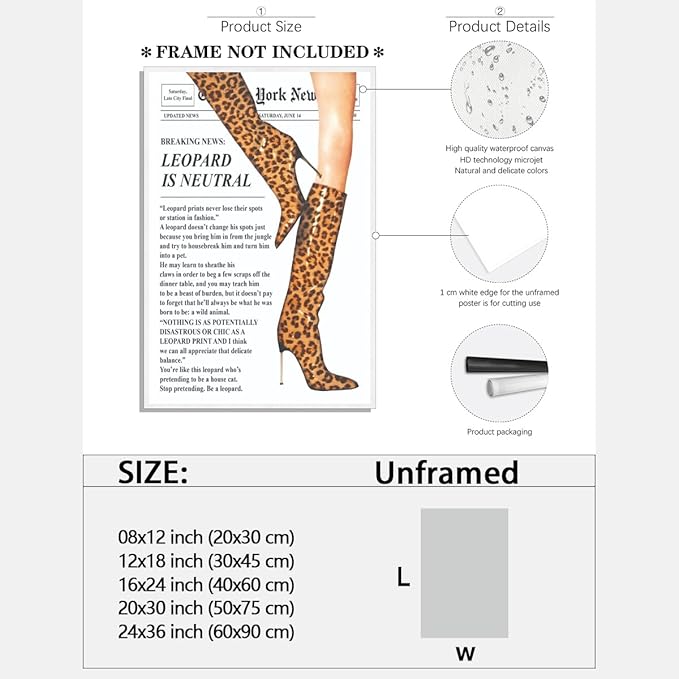 Trendy Newspaper Posters Vintage Leopard Boots Poster Feminist Canvas Prints Retro Fashion Bar Cart Magazine Cover Wall Art for Hot Girl Preppy Y2k Aesthetic Room Home Decor 16x24inch Unframed