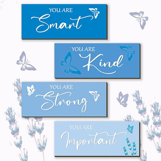 FENCORDAR 4 Pcs Butterfly Wall Decor Girls Room Decor Wooden Blue Wall Decor Positive Butterfly Wall Art Prints Inspirational Gift for Teen Girls Women Room Nursery Bedroom Bathroom(Blue, 10x4)