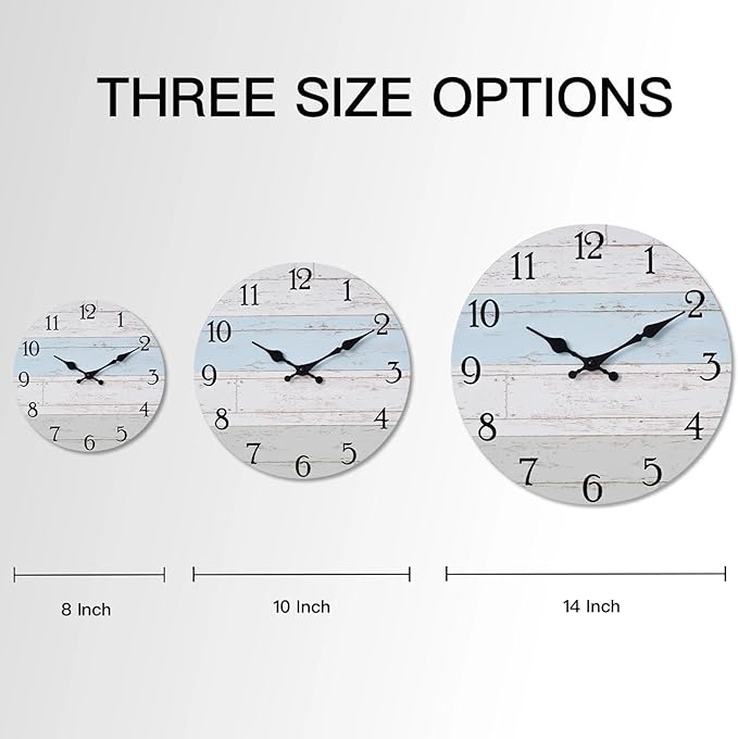 Wall Clock 14 Inch Silent Non-Ticking Coastal Beach Style Wall Clocks Battery Operated Rustic Retro Decorative for Kitchen, Bathroom, Living Room, Laundry Room(Azure Blue)