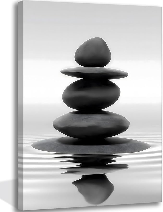 Zen Canvas Wall Art Black Stacked Stone Poster Print for Spas Bathrooms Yoga Rooms Meditation Spaces Wall docer Ready to hang 16x24in Framed