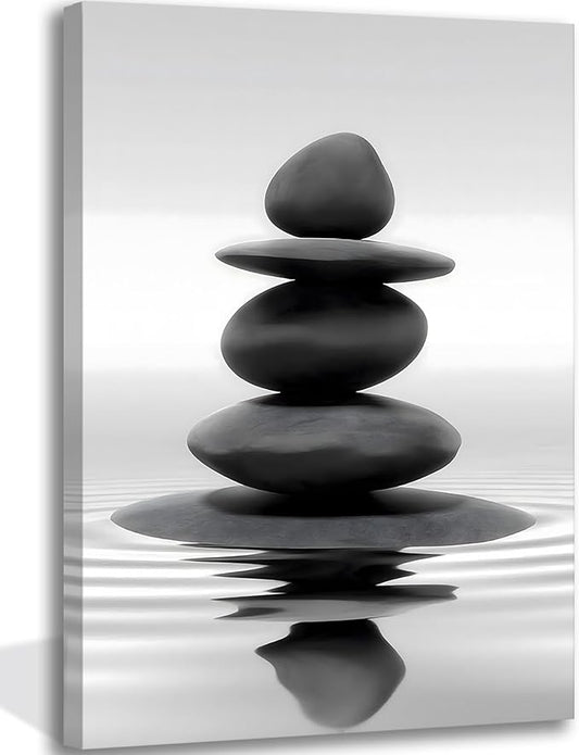 Zen Canvas Wall Art Black Stacked Stone Poster Print for Spas Bathrooms Yoga Rooms Meditation Spaces Wall docer Ready to hang 16x24in Framed