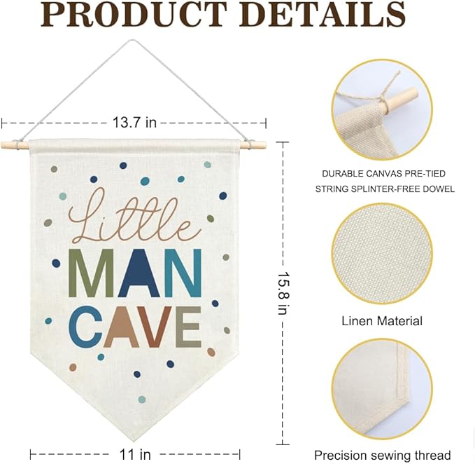 AGMDESIGN Little Man Cave Canvas Hanging Pennant Flag Banner, Teen Kids Boys Room Decor, Toddler Room Flag, Kids Rooms Playroom Boy Nursery Canvas Decor, Rooms Gifts for Men, Nursery Wall Art