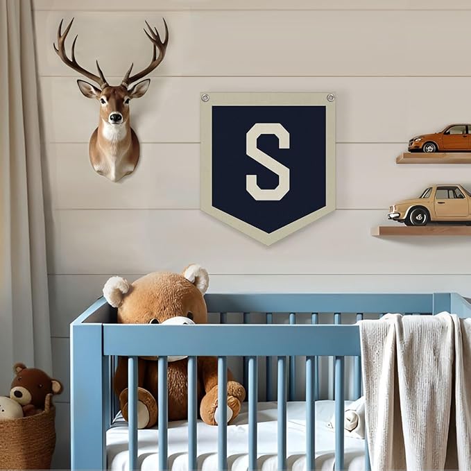 Lacama Vintage Name Sign for Personalized baby Boy Gifts，Name Pennant Flag Personalized Banner for Nursery Toddler Bedroom Playroom Kidsroom，Baby Boy Birthday Christmas Gift，Initial Monogram S 12x14