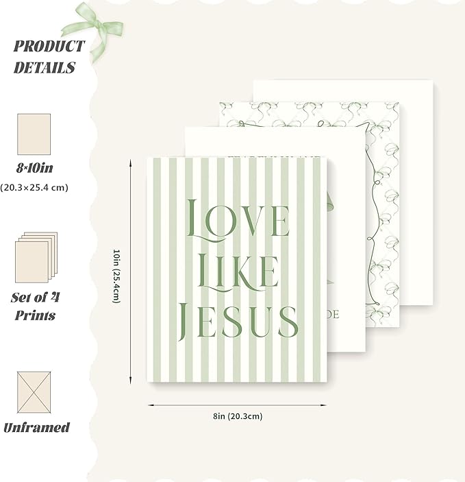 LARTSFRO Coquette Sage Green Bow Jesus Wall Art Decor Posters, Green Bow Christian Room Bedroom Bathroom Wall Art Decor Aesthetic for Teen Girls Gifts, Inspirational Bible Verses Bow Wall Decor, 8x10 Inch Set of 4 Bow Pictures(UNFRAMED)