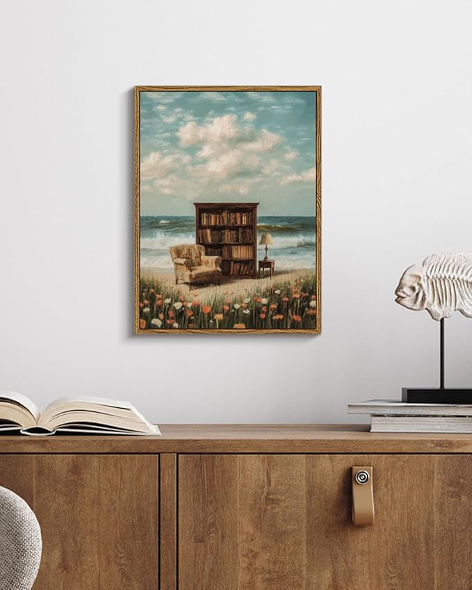 Vintage Framed Coastal Wall Art 12x16 Bookshelf Armchair Ocean View Canvas Print, Library by the Sea Dreamy Reading Nook Wildflower Artwork, Back to School Study Classroom Office Den Decor