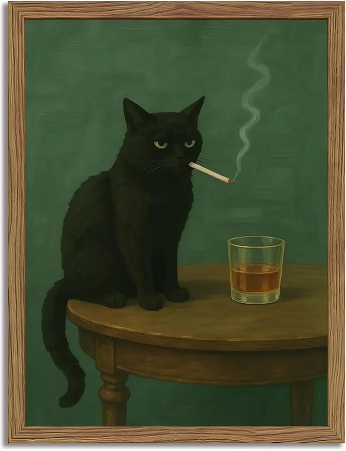 Funny Black Cat Wall Art Framed Vintage Moody Cat Canvas Prints Wall Decor Whimsical Cool Animal Paintings Pictures for Living Room Bedroom Bathroom Bar 8x10in