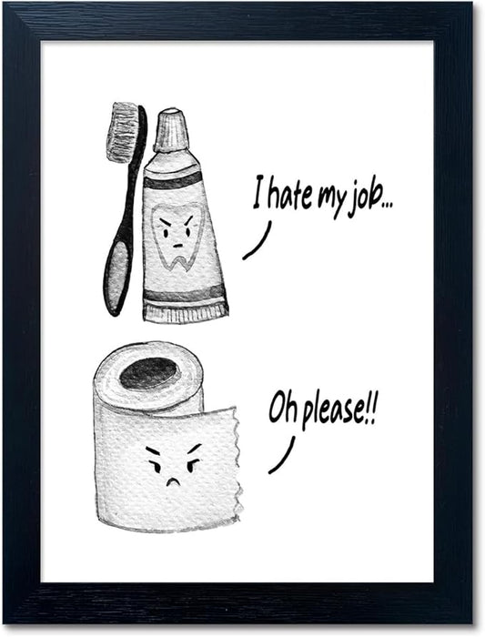 Kids Bathroom Wall Decor Framed Black and White Bathroom Print Funny Toliet Paper and Toothbrush Picture Artwork for Children's Bathroom