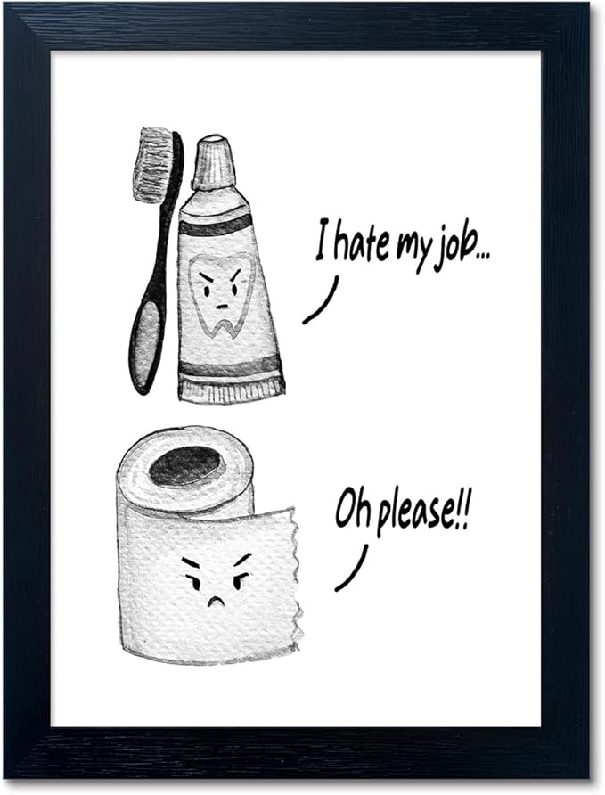 Kids Bathroom Decor Wall Art Black and White Bathroom Print Funny Toliet Paper and Toothbrush Picture Framed Artwork for Children's Washroom