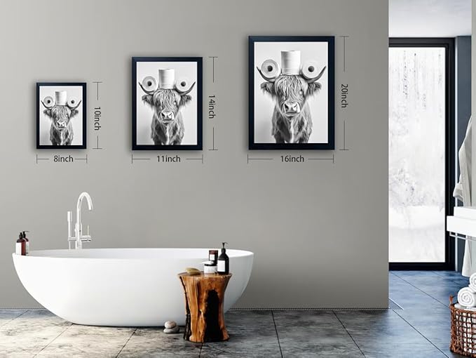 Funny Highland Cow Bathroom Wall Art with Toilet Paper on Head, Humorous Farmhouse Sign for Bathroom Decor, Rustic Black Framed Canvas Print for Restroom Toilet, Ready to Hang 16"x20"